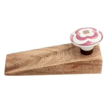 2 Pieces Pink Ceramic Floral Wooden Door Stopper